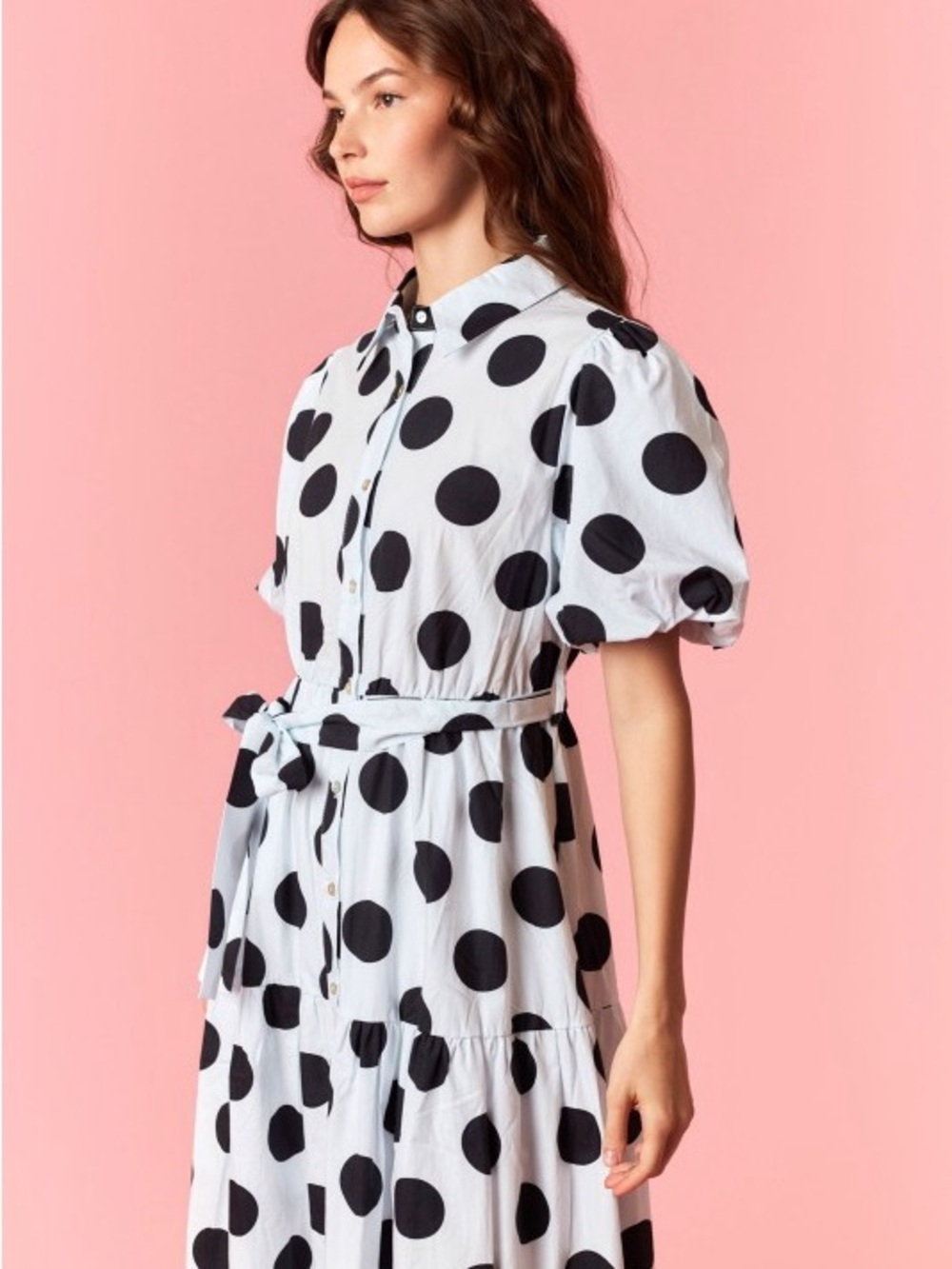 NWT WHITE BLACK POLKA Dot Printed Cotton Poplin Puff Sleeve Maxi Dress - Picture 8 of 9